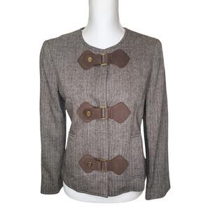 Tory Burch Wool Herringbone Jacket Leather Strap Closures Gold Hardware Size 4